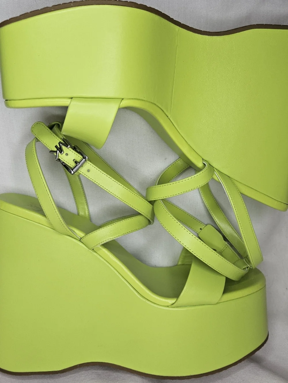 Michael Michael Kors Paola Platform Dress Sandal Bright Limeade Leather Strappy - Picture 5 of 12